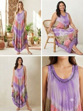 Free size Lavender Tie-Dye Boho Embroidered Maxi Dress